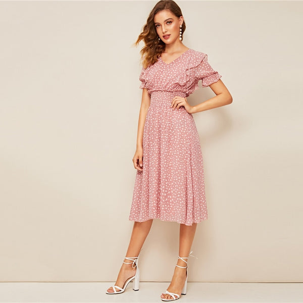 Pink Ruffle Trim Puff Sleeve Shirred Waist Summer Boho Dress Fit and Flare Dress Women Elegant Empire Long Dresses | Vimost Shop.