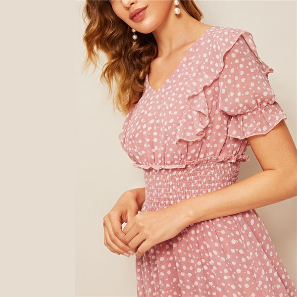 Pink Ruffle Trim Puff Sleeve Shirred Waist Summer Boho Dress Fit and Flare Dress Women Elegant Empire Long Dresses | Vimost Shop.