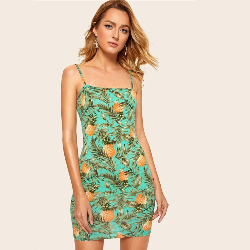 Allover Pineapple Tropical Print Cami Dress Multicolor Sleeveless Sheath Mini Dresses Women Summer Vacation Beach Dress | Vimost Shop.
