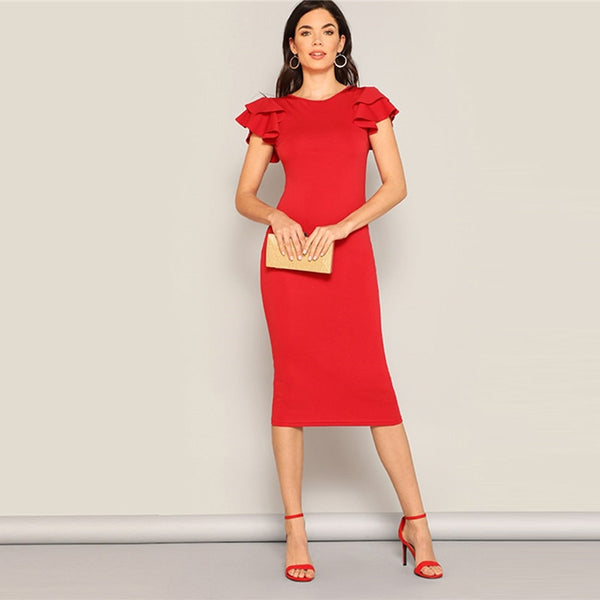 Red Layered Ruffle Sleeve Crisscross Back Bodycon Dress Women Summer Elegant Sleeveless Solid Slim Midi Party Dress | Vimost Shop.