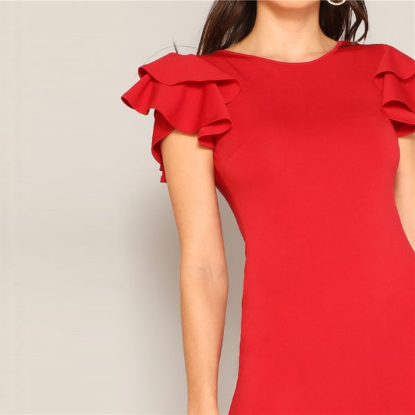 Red Layered Ruffle Sleeve Crisscross Back Bodycon Dress Women Summer Elegant Sleeveless Solid Slim Midi Party Dress | Vimost Shop.