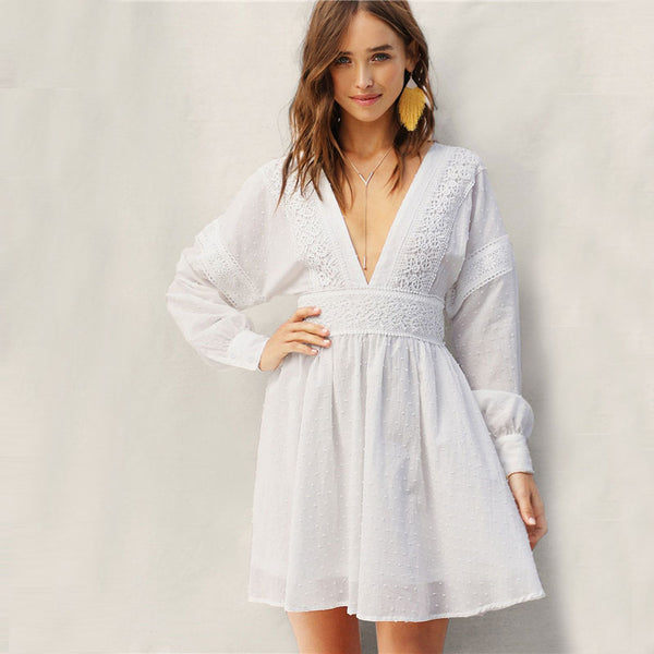 Lady Sexy Guipure Lace Dot Jacquard Knot Backless Deep V Neck Mini Dress Women Spring Boho Fit and Flare Midi Dress | Vimost Shop.