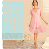 Shoulder Knot Plunging Neck Mesh Lace Dress Women Romantic Sleeveless Deep V Neck Midi Dress A Line Pink Summer Dress | Vimost Shop.