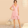 Shoulder Knot Plunging Neck Mesh Lace Dress Women Romantic Sleeveless Deep V Neck Midi Dress A Line Pink Summer Dress | Vimost Shop.