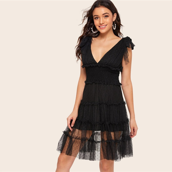 Shoulder Knot Plunging Neck Mesh Lace Dress Women Romantic Sleeveless Deep V Neck Midi Dress A Line Pink Summer Dress | Vimost Shop.