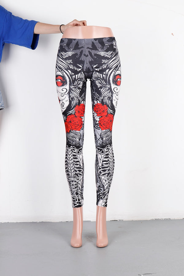 Halloween Sugar Skull Leggings For Women Girl Rose Print Fantastic Workout Party Ankle Pant | Vimost Shop.