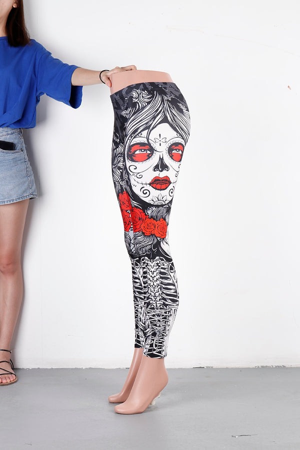 Halloween Sugar Skull Leggings For Women Girl Rose Print Fantastic Workout Party Ankle Pant | Vimost Shop.