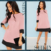 Pink Office Lady Colorblock Contrast Trim Tunic O-Neck 3/4 Sleeve Straight Dress Autumn Workwear Elegant Women Dresses | Vimost Shop.