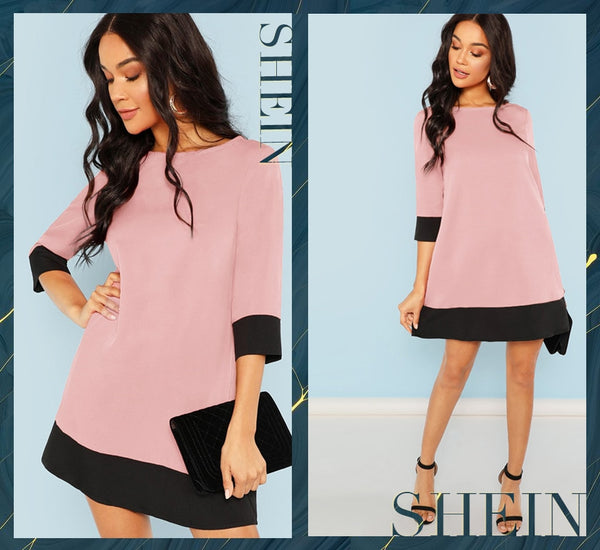 Pink Office Lady Colorblock Contrast Trim Tunic O-Neck 3/4 Sleeve Straight Dress Autumn Workwear Elegant Women Dresses | Vimost Shop.