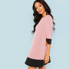 Pink Office Lady Colorblock Contrast Trim Tunic O-Neck 3/4 Sleeve Straight Dress Autumn Workwear Elegant Women Dresses