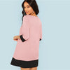 Pink Office Lady Colorblock Contrast Trim Tunic O-Neck 3/4 Sleeve Straight Dress Autumn Workwear Elegant Women Dresses | Vimost Shop.
