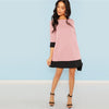 Pink Office Lady Colorblock Contrast Trim Tunic O-Neck 3/4 Sleeve Straight Dress Autumn Workwear Elegant Women Dresses | Vimost Shop.