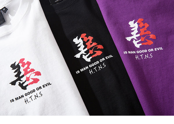 Women Men Good And Evil Print Hip Hop T-Shirt Chinese Character | Vimost Shop.