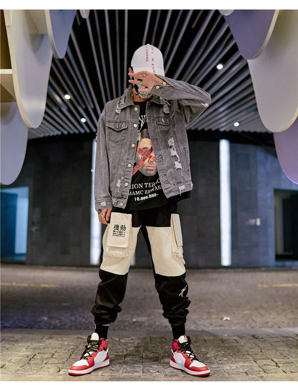 Men Cargo Patchwork Track Pants Fashion High Steet Joggers Sweatpants Streetwear | Vimost Shop.