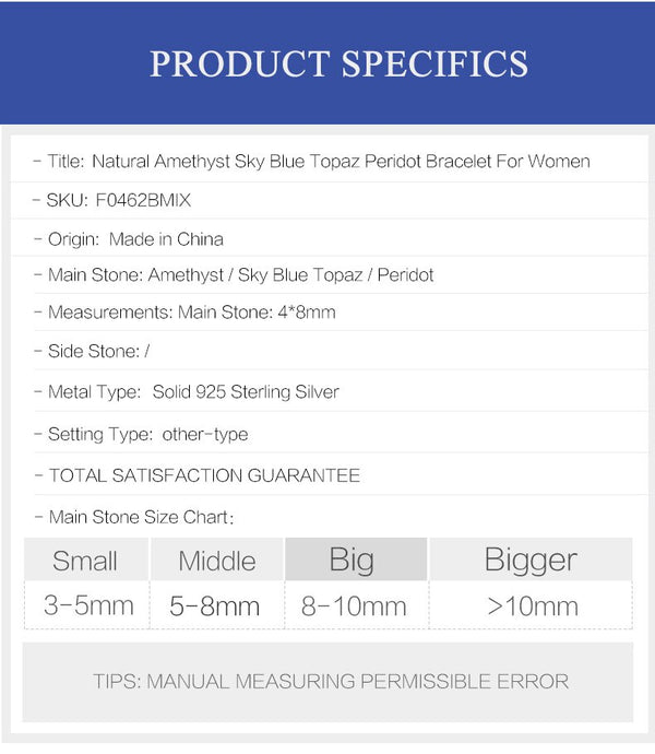 Sky Blue Topaz Peridot Amethyst Mix Gemstone Bracelets&bangles Pure 925 Sterling Silver Fashion Jewelry For Women | Vimost Shop.