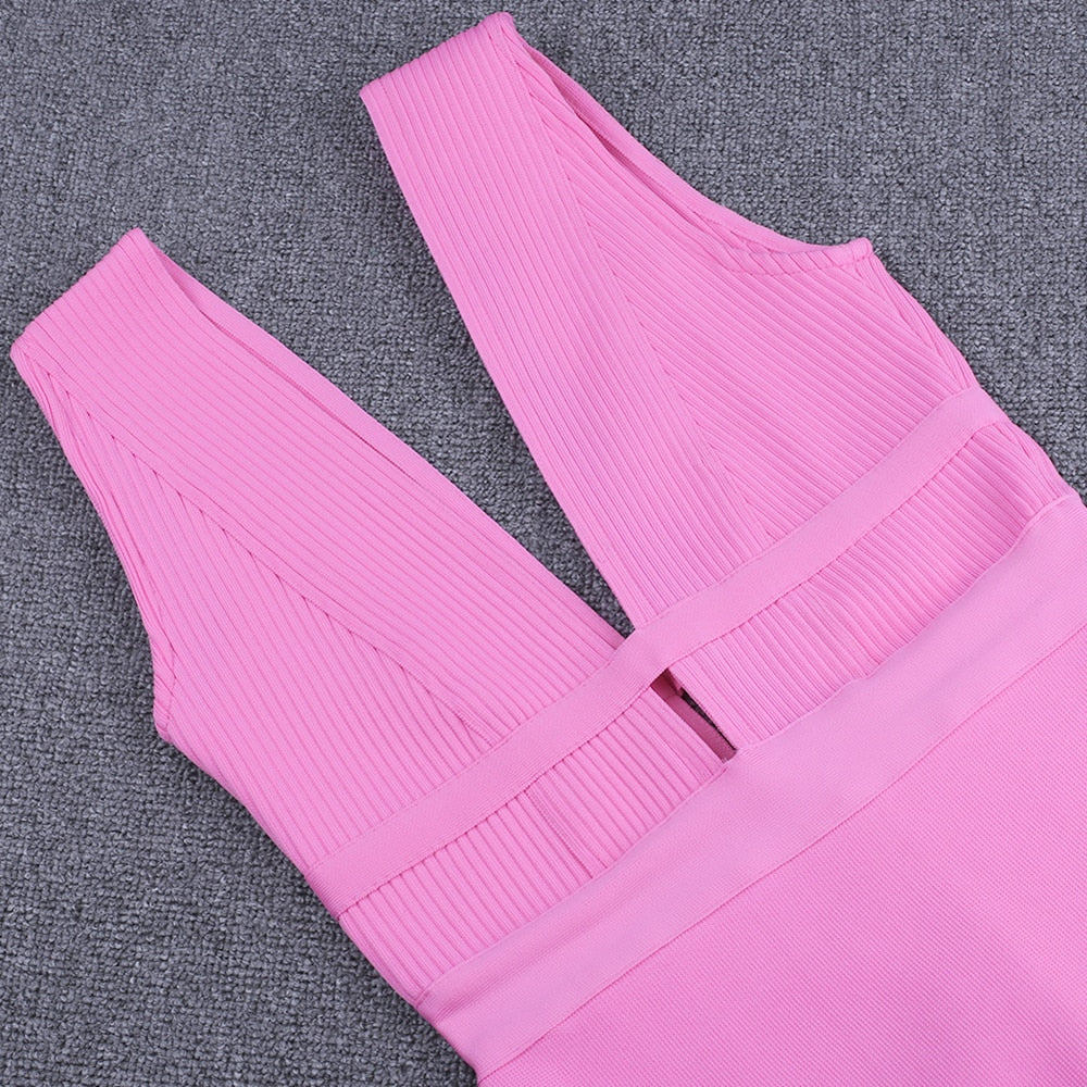 Women Cut Out Bandage Dress Bodycon Sexy Double Deep v Neck Pink Bandage Dress Rayon Evening Party Dress | Vimost Shop.
