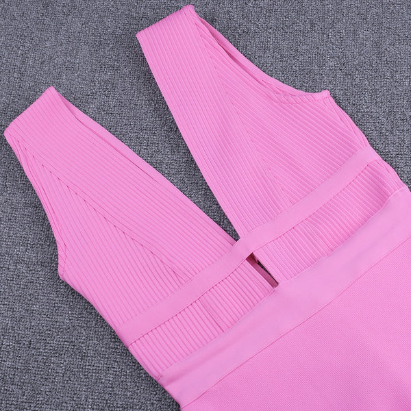 Women Cut Out Bandage Dress Bodycon Sexy Double Deep v Neck Pink Bandage Dress Rayon Evening Party Dress | Vimost Shop.