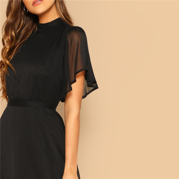 Glamorous Black Mock-neck Knot Back Sheer Panel Dress Spring A Line Butterfly Sleeve Stand Collar Elegant Dresses | Vimost Shop.