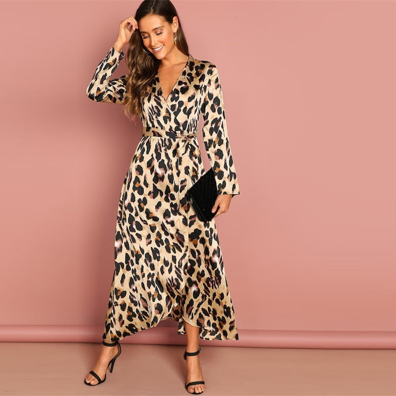 Multicolor Surplice Wrap Satin Leopard Deep V Neck Half Sleeve Dress Elegant Women Autumn Modern Lady Dresses | Vimost Shop.