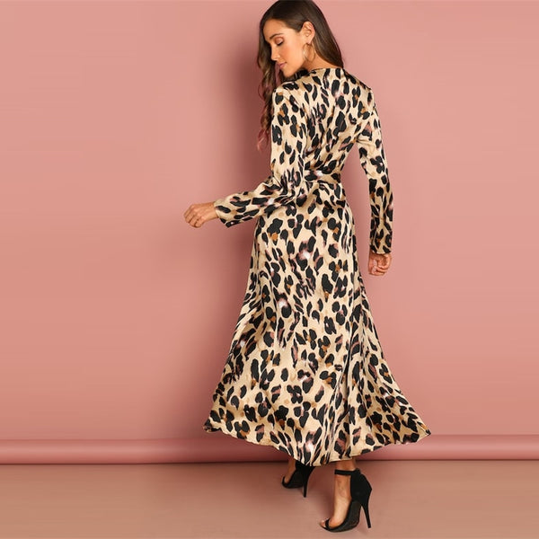 Multicolor Surplice Wrap Satin Leopard Deep V Neck  Half Sleeve Dress Elegant Women Autumn Modern Lady Dresses | Vimost Shop.