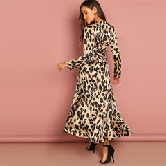 Multicolor Surplice Wrap Satin Leopard Deep V Neck  Half Sleeve Dress Elegant Women Autumn Modern Lady Dresses