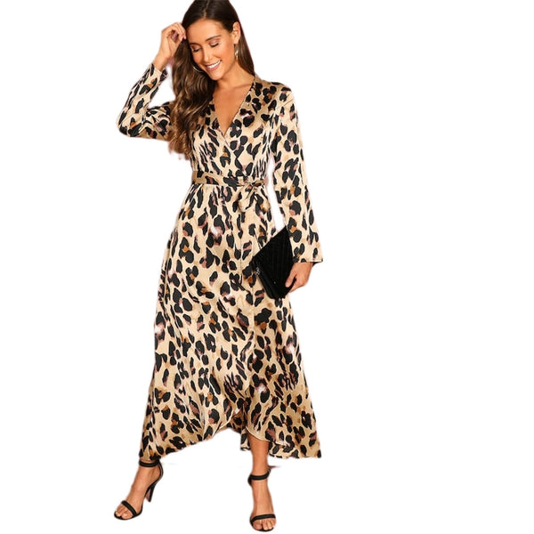 Multicolor Surplice Wrap Satin Leopard Deep V Neck  Half Sleeve Dress Elegant Women Autumn Modern Lady Dresses | Vimost Shop.