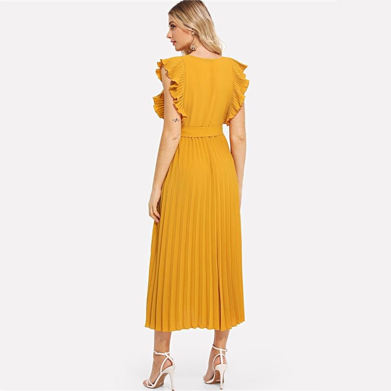 Soild Ruffle Trim Wrap Knot Summer Dress With Belt Women Clothes A Line High Waist Maxi Dress Ladies Pleated Dresses | Vimost Shop.