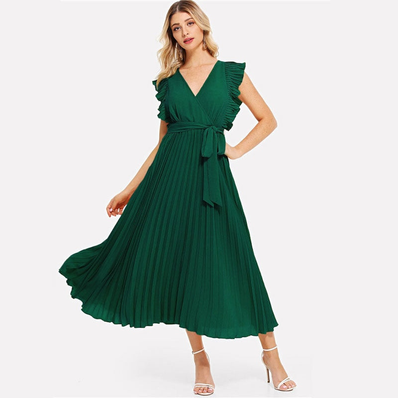Soild Ruffle Trim Wrap Knot Summer Dress With Belt Women Clothes A Line High Waist Maxi Dress Ladies Pleated Dresses | Vimost Shop.
