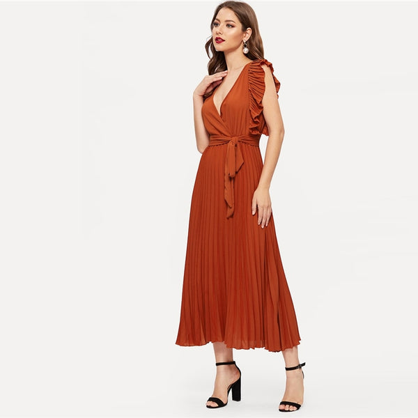 Soild Ruffle Trim Wrap Knot Summer Dress With Belt Women Clothes A Line High Waist Maxi Dress Ladies Pleated Dresses | Vimost Shop.