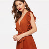 Soild Ruffle Trim Wrap Knot Summer Dress With Belt Women Clothes A Line High Waist Maxi Dress Ladies Pleated Dresses | Vimost Shop.