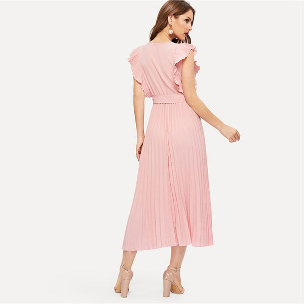 Soild Ruffle Trim Wrap Knot Summer Dress With Belt Women Clothes A Line High Waist Maxi Dress Ladies Pleated Dresses | Vimost Shop.