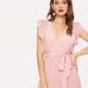 Soild Ruffle Trim Wrap Knot Summer Dress With Belt Women Clothes A Line High Waist Maxi Dress Ladies Pleated Dresses | Vimost Shop.