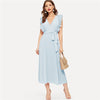 Soild Ruffle Trim Wrap Knot Summer Dress With Belt Women Clothes A Line High Waist Maxi Dress Ladies Pleated Dresses | Vimost Shop.