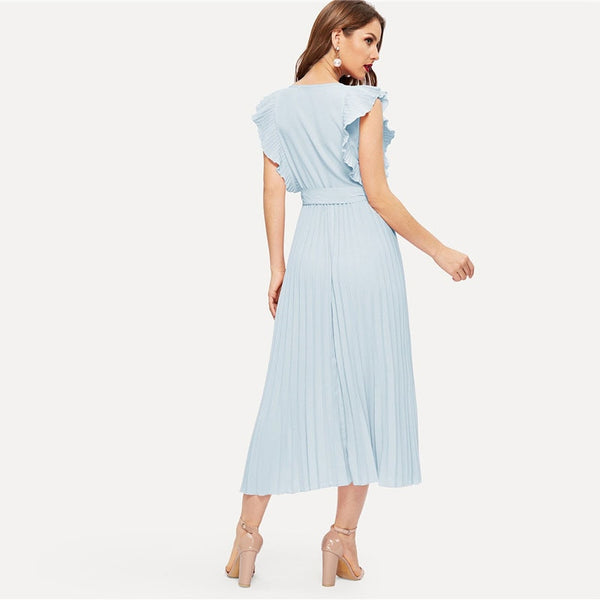 Soild Ruffle Trim Wrap Knot Summer Dress With Belt Women Clothes A Line High Waist Maxi Dress Ladies Pleated Dresses | Vimost Shop.