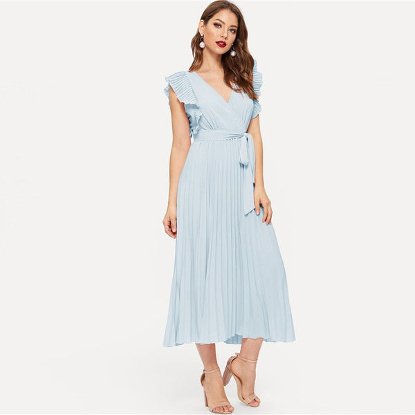 Soild Ruffle Trim Wrap Knot Summer Dress With Belt Women Clothes A Line High Waist Maxi Dress Ladies Pleated Dresses | Vimost Shop.