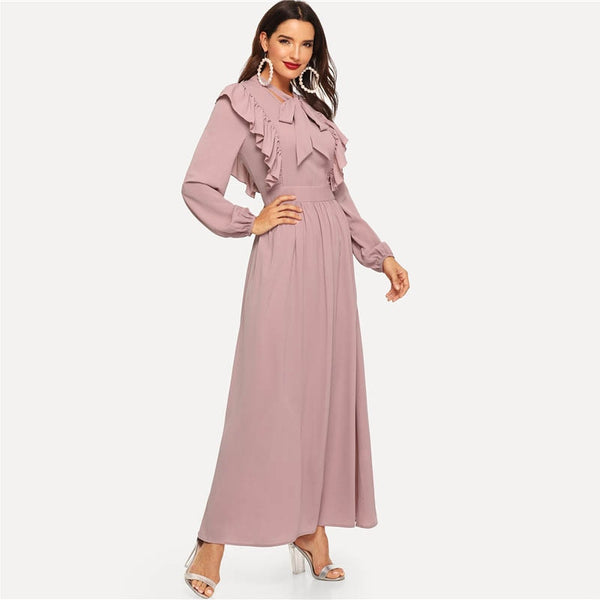 Pink Abaya Tie Neck Fit and Flare Ruffle Pleated High Waist A Line Dress Women Spring Solid Elegant Maxi Dresses | Vimost Shop.