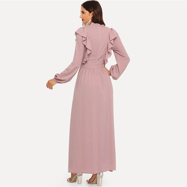 Pink Abaya Tie Neck Fit and Flare Ruffle Pleated High Waist A Line Dress Women Spring Solid Elegant Maxi Dresses | Vimost Shop.