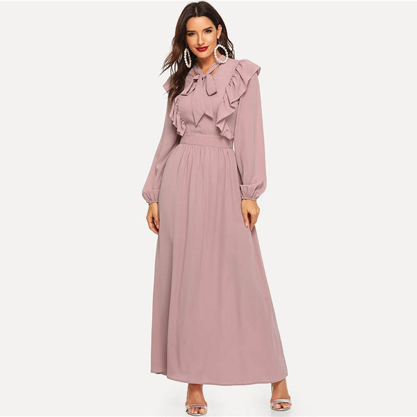 Pink Abaya Tie Neck Fit and Flare Ruffle Pleated High Waist A Line Dress Women Spring Solid Elegant Maxi Dresses | Vimost Shop.