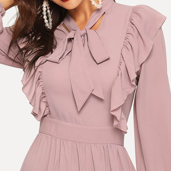Pink Abaya Tie Neck Fit and Flare Ruffle Pleated High Waist A Line Dress Women Spring Solid Elegant Maxi Dresses | Vimost Shop.