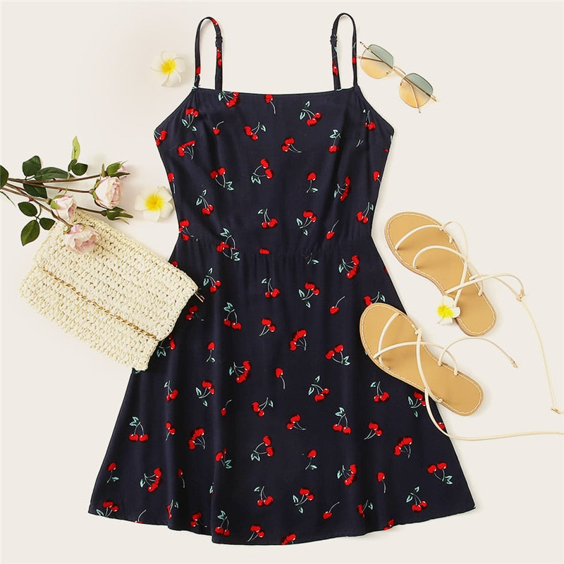 SHEIN Multicolor Weekend Casual Allover Cherry Print Natural Waist Short Spaghetti Strap Cami Dress Summer Women Going Out Dress | Vimost Shop.