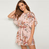 Pastel Pink Split Sleeve Self Belted Floral Print Dress Women Summer Boat Neck Bohemian Ladies Straight Short Dresses | Vimost Shop.