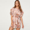 Pastel Pink Split Sleeve Self Belted Floral Print Dress Women Summer Boat Neck Bohemian Ladies Straight Short Dresses | Vimost Shop.