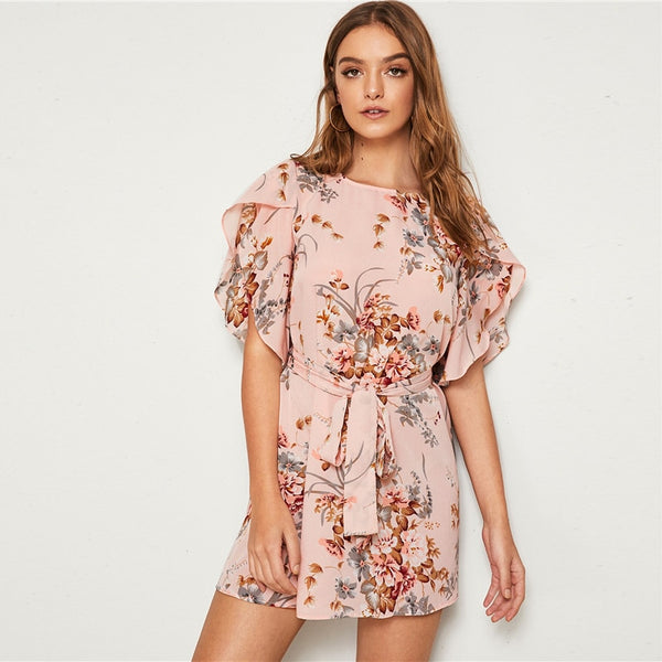 Pastel Pink Split Sleeve Self Belted Floral Print Dress Women Summer Boat Neck Bohemian Ladies Straight Short Dresses | Vimost Shop.