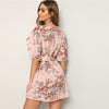 Pastel Pink Split Sleeve Self Belted Floral Print Dress Women Summer Boat Neck Bohemian Ladies Straight Short Dresses | Vimost Shop.