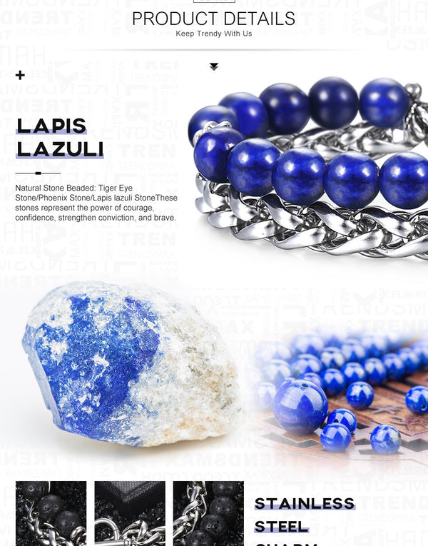 8mm Men's Lapis Lazuli Tiger Eye Stone Beaded Bracelet Stainless Steel Wheat Link Lava Bracelet Wristband Jewelry Gifts | Vimost Shop.