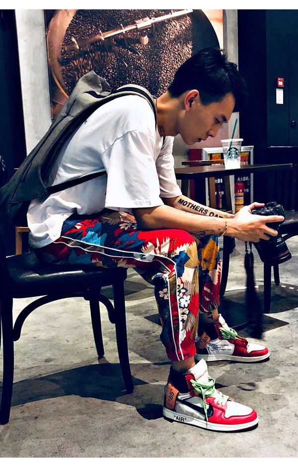 Men Floral Printed Pants Track Pants Straight Elastic Waist Fashion High Steet Joggers Sweatpants | Vimost Shop.