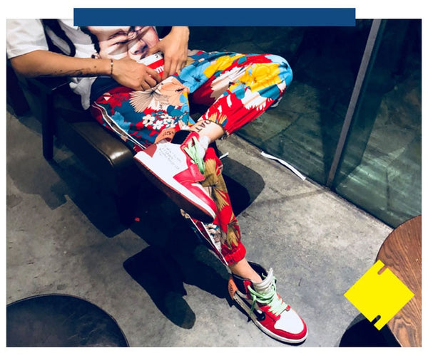 Men Floral Printed Pants Track Pants Straight Elastic Waist Fashion High Steet Joggers Sweatpants | Vimost Shop.
