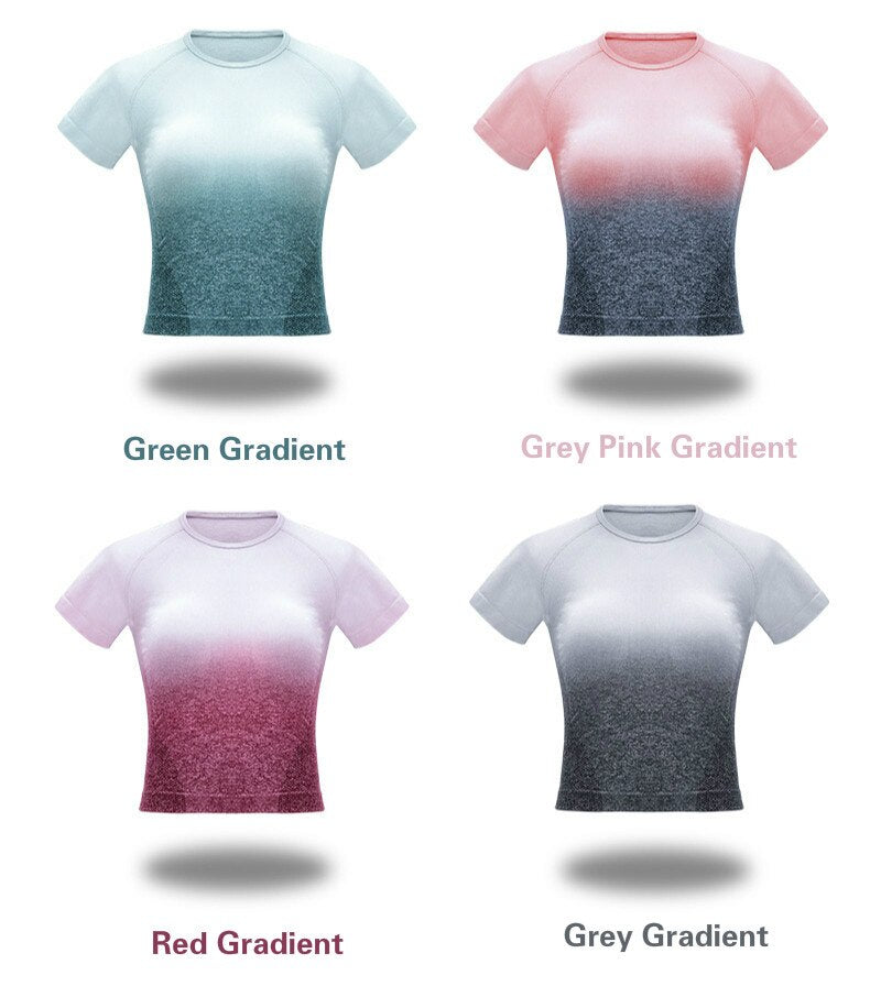 Gradient Sport Short-Sleeve Shirts Women Slim O-neck Fitness Gym Crop Tops T-shirt Quick Dry Seamless Athletic Tee