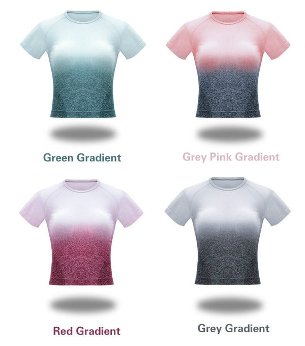 Gradient Sport Short-Sleeve Shirts Women Slim O-neck Fitness Gym Crop Tops T-shirt Quick Dry Seamless Athletic Tee
