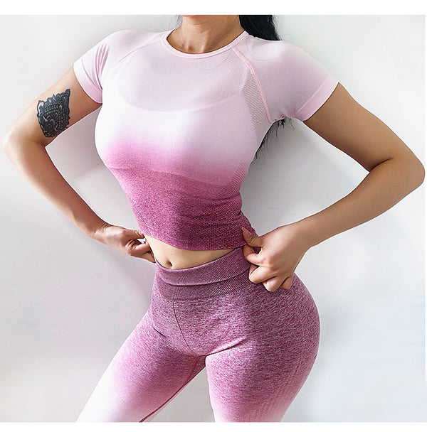 Gradient Sport Short-Sleeve Shirts Women Slim O-neck Fitness Gym Crop Tops T-shirt Quick Dry Seamless Athletic Tee